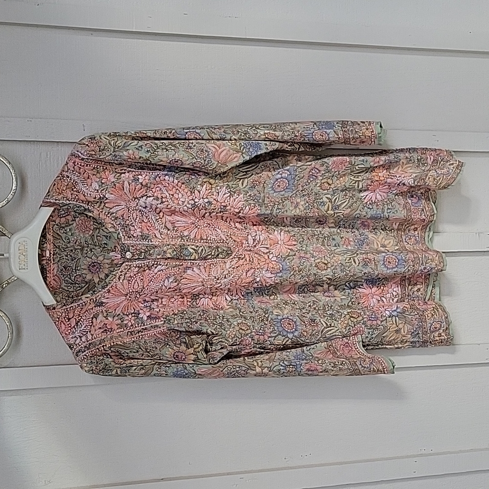 Foral Silk Print India L/S Embroidered Top. L.
